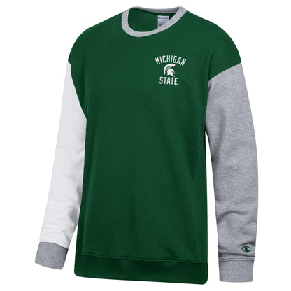 Green, white, and gray crewneck sweatshirt with "Michigan State" printed text and a Spartan Helmet logo printed in between the text in white on the upper left chest. The middle section on the sweatshirt green, the left sleeve is gray, the right sleeve is white, and the collar and cuffs are both gray. Shown on a white background. 