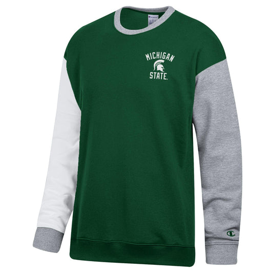 Green, white, and gray crewneck sweatshirt with "Michigan State" printed text and a Spartan Helmet logo printed in between the text in white on the upper left chest. The middle section on the sweatshirt green, the left sleeve is gray, the right sleeve is white, and the collar and cuffs are both gray. Shown on a white background. 