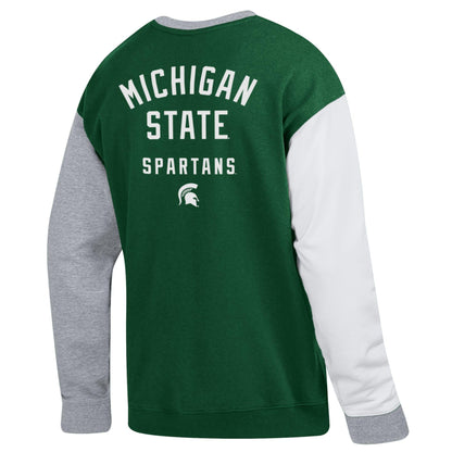 Back of green, white, and gray crewneck sweatshirt with screen printed "Michigan State Spartans" wordmark and a Spartan Helmet logo in white. The middle section on the sweatshirt green, the left sleeve is gray, the right sleeve is white, and the collar and cuffs are both gray. Shown on a white background.