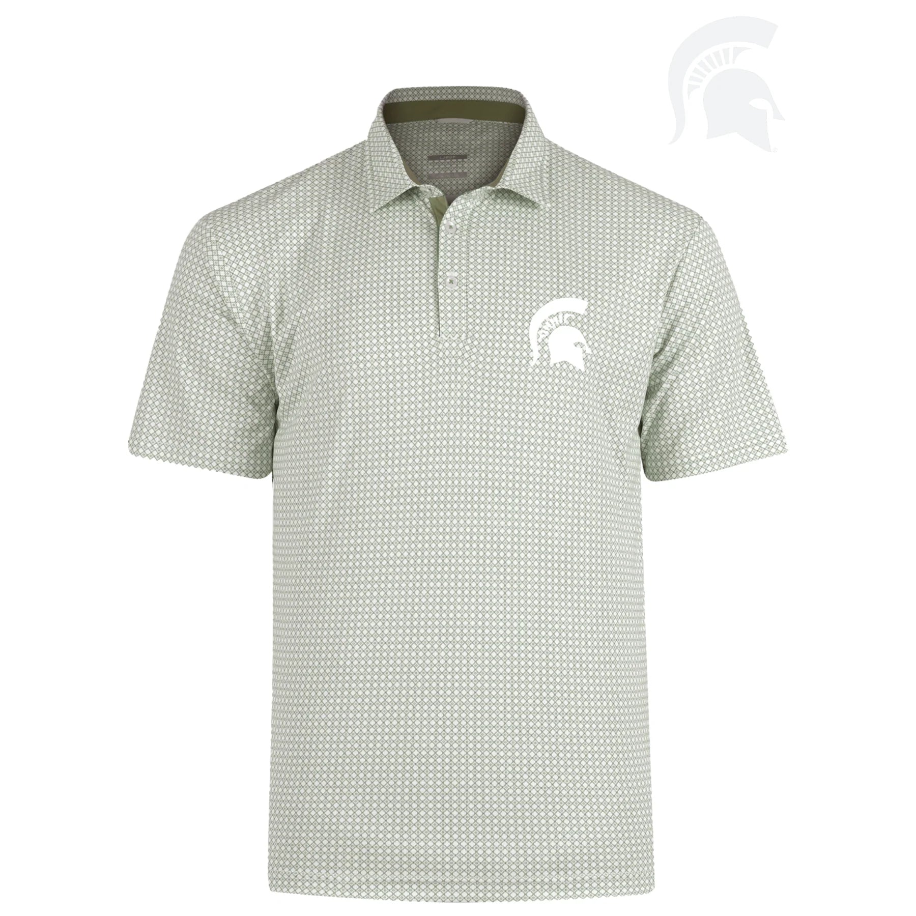 Polo with a gray and white design, three-button placket, and a white Spartan Helmet logo on the upper left chest. Shown on a white background. 