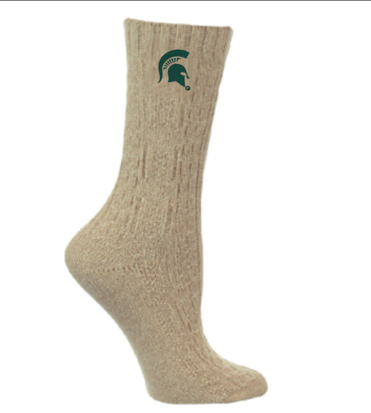 Beige cable knit sock with green Spartan Helmet logo near the top.