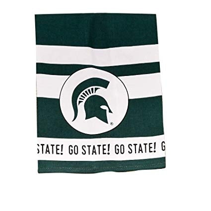 A green tea towel with white stripes and a green Spartan Helmet logo. A stripe at the bottom reads "Go State!" in green.