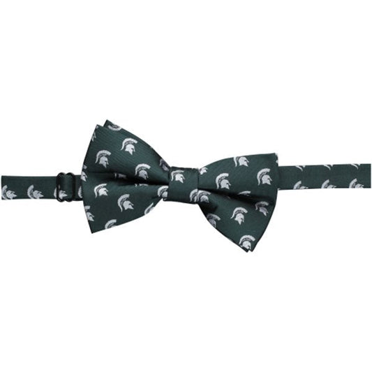 A green bow tie with a repeating white Spartan Helmet logo pattern.