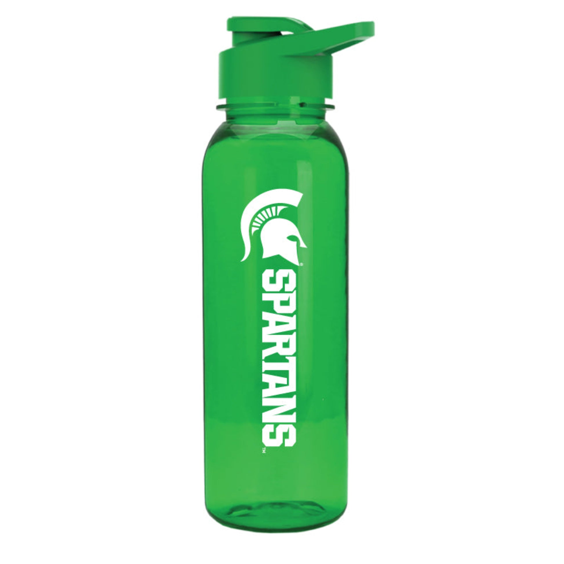 Green water bottle with flip-top lid, featuring a white Spartan helmet graphic and vertical 'SPARTANS' text in bold capital letters.