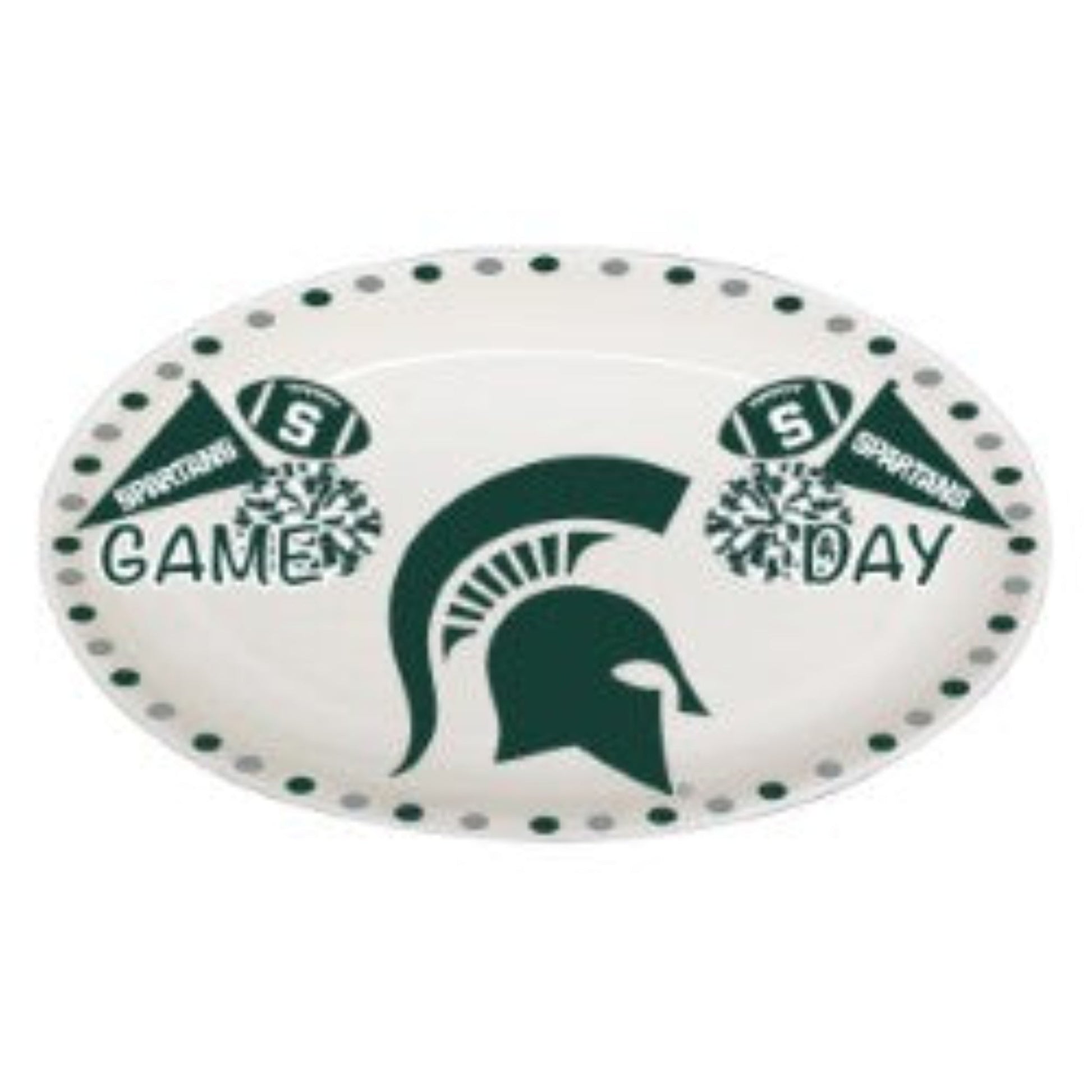 A white oval platter with "Game Day" motifs and a green Spartan Helmet in the center.