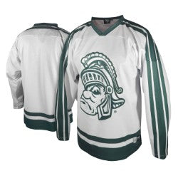 A white hockey jersey with green and gray detailing, featuring a Gruff Sparty design on the front