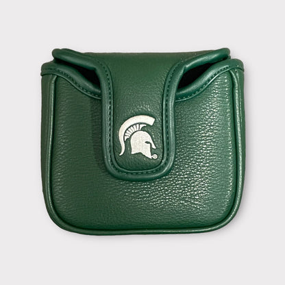 Back of green cover, showing magnet clasp with an embroidered white Spartan Helmet logo. 