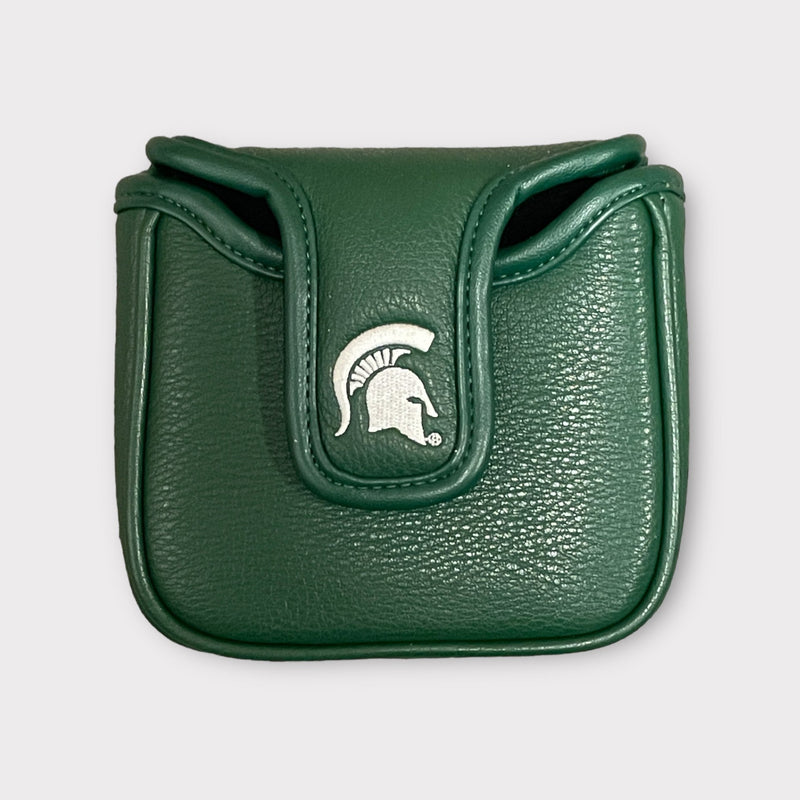 Back of green cover, showing magnet clasp with white spartan helmet. 