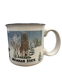 A mug with a winter scene of the Beaumont tower. Under the tower in green lettering is ' Michigan State'. 