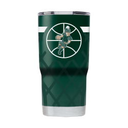 A stainless steel tumbler with a green basketball net print and Sparty with a basketball.