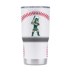 A stainless steel tumbler with a baseball print and Sparty holding a baseball bat.
