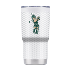 A stainless steel tumbler with a golf ball print and Sparty swinging a golf club.