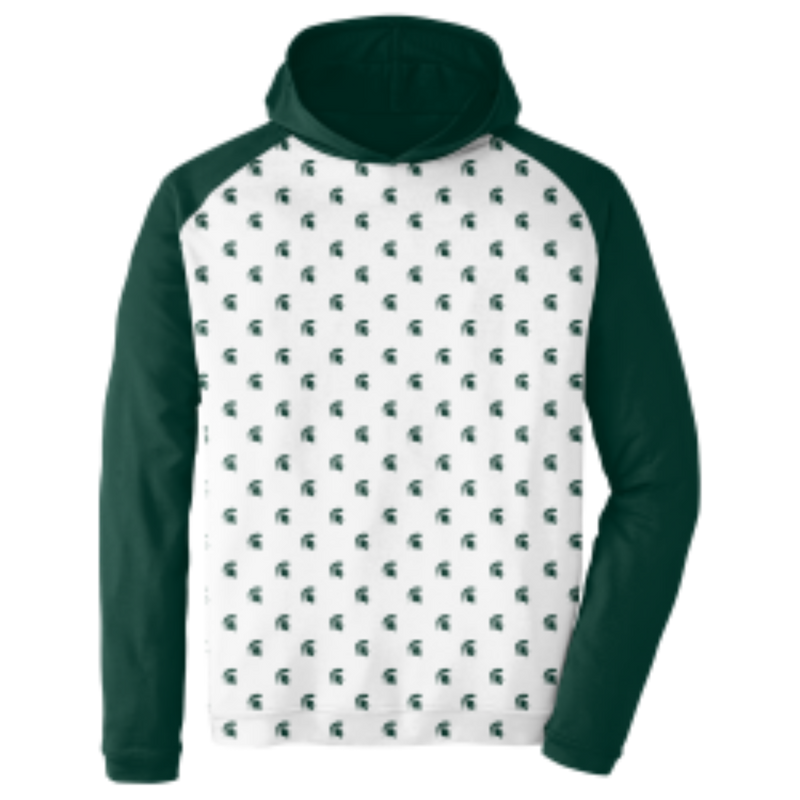A hoodie with green sleeves, a green hood, and a white body with an all-over green Spartan helmet pattern.