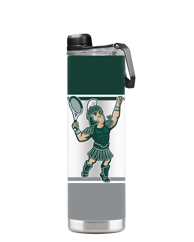A green, white, and gray striped water bottle with a Tennis Sparty logo.