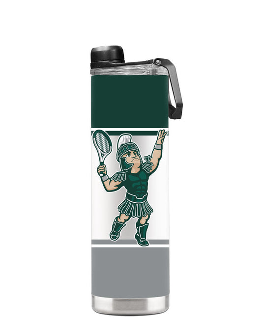 A green, white, and gray striped water bottle with a Tennis Sparty logo.