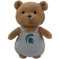 Brown bear stuffed animal with grey overalls that have a green spartan head logo on the front