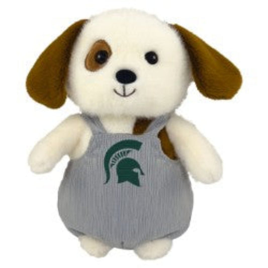 White stuffed animal dog with brown ears and a brown spot over one eye, with grey overalls on, and a green spartan head logo on the front