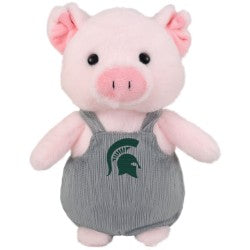 Pink pig stuffed animal with grey overalls that have a green spartan head logo on the front