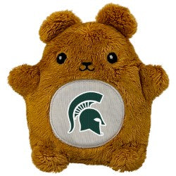 Brown bear stuffed animal with white patch on the stomach that has a green spartan head logo in the center.
