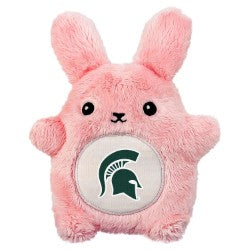 Pink bunny stuffed animal with white patch on the stomach that has a green Spartan Helmet logo in the center.