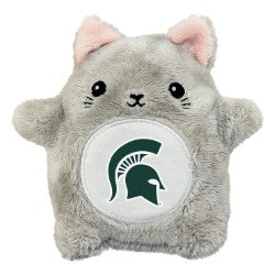 Gray kitten stuffed animal with white patch on the stomach that has a green Spartan Helmet logo in the center.