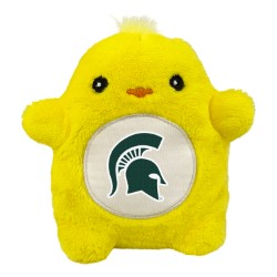 Yellow duck stuffed animal with white patch on the stomach that has a green spartan head logo in the center.