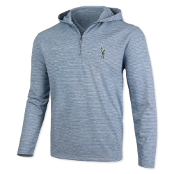 Light blue hooded quarter-zip with a stripe design and the Golf Sparty logo on the upper left chest. 