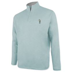 Light blue quarter-zip with a gray inner collar, hidden zipper, the Golf Sparty logo on the left upper chest. 