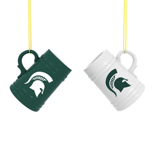 Two stein mugs with a Spartan helmet logo on a white background. One mug is green with a white Spartan Helmet logo in the center of the mug. The other mug is white with a green Spartan Helmet logo in center. 