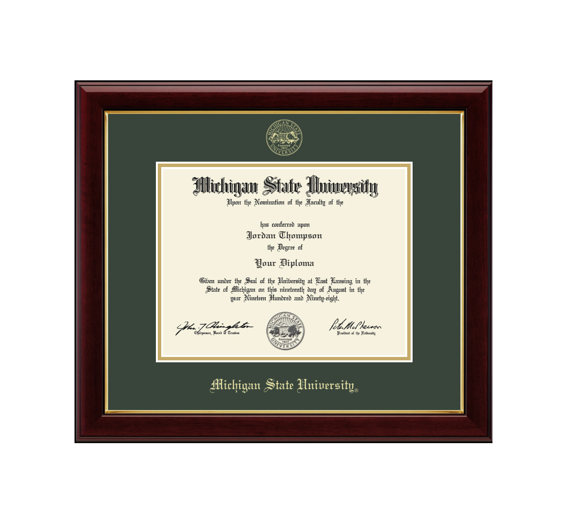 Diploma frame in a cherry lacquer finished moulding. Gold accents surrounding Williamsburg green mat. Gold embossed Michigan State University medallion centered above diploma display opening. Opening of mat is trimmed with gold mat. Below opening in gold embossed is Michigan State University. 