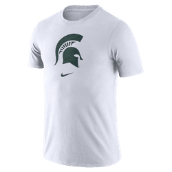 A white t-shirt with a green Spartan helmet logo on the chest.