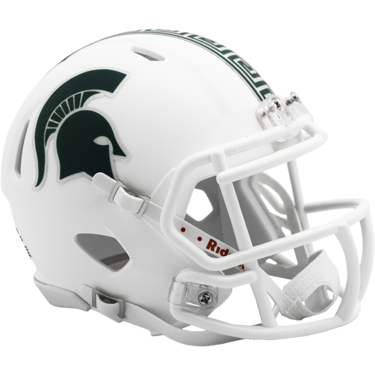 White Michigan State Spartans mini football helmet featuring the green Spartan helmet logo, green lettering, and white facemask.