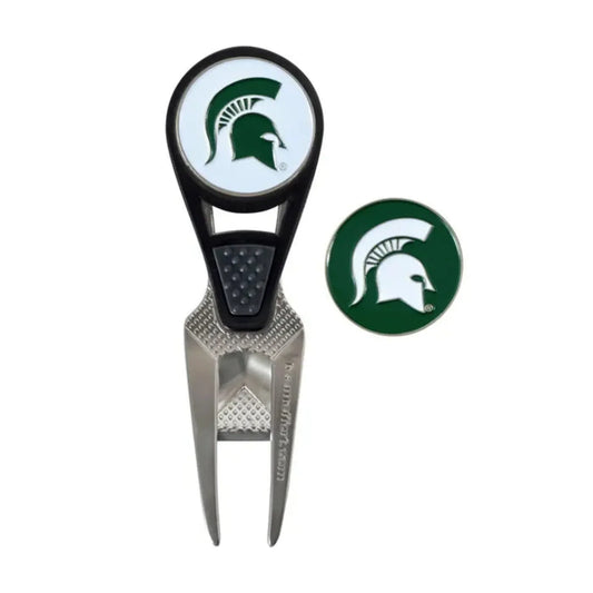 Black and silver divot tool and ball marker with the Spartan Helmet logo on green on a white background.