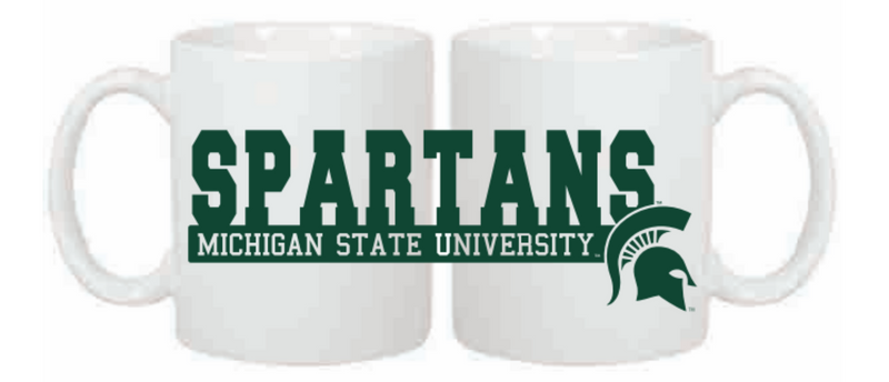 White mug in green writing that wraps around is 'SPARTANS'. Below in green stripe in white lettering 'MICHIGAN STATE UNIVERSITY'. Green helmet to the right of wording. 