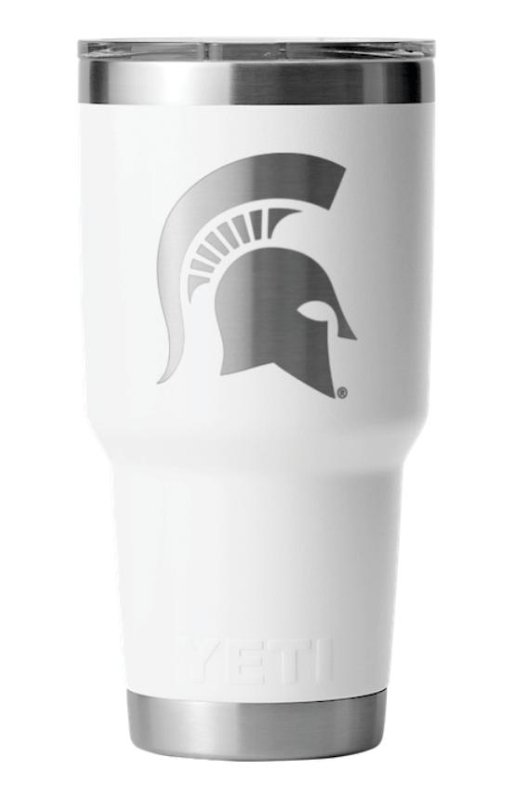 White stainless steel 30 oz. tumbler with a silver Spartan Helmet design on the front and silver on the bottom and top.