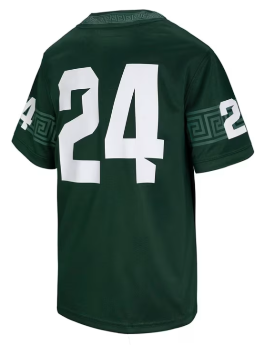 Back of a green Michigan State football jersey featuring number 24.