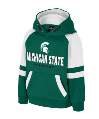 Green and white hoodie with 'MICHIGAN STATE' text, Spartan helmet logo, and 'SPARTANS' below.