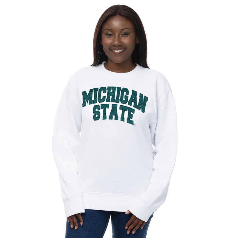 Person wearing a white sweatshirt with 'Michigan State' text on a white background